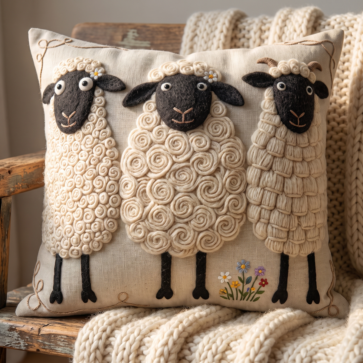 Delia's hand-quilted Sheep Trio cushion, three curly wool sheep with flowers