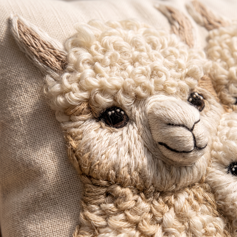 Alpaca Trio cushion raised needlework close-up