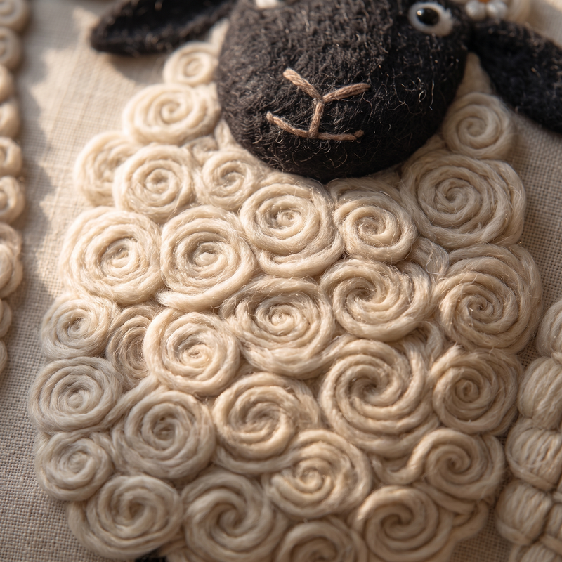 Sheep Trio cushion raised needlework close-up