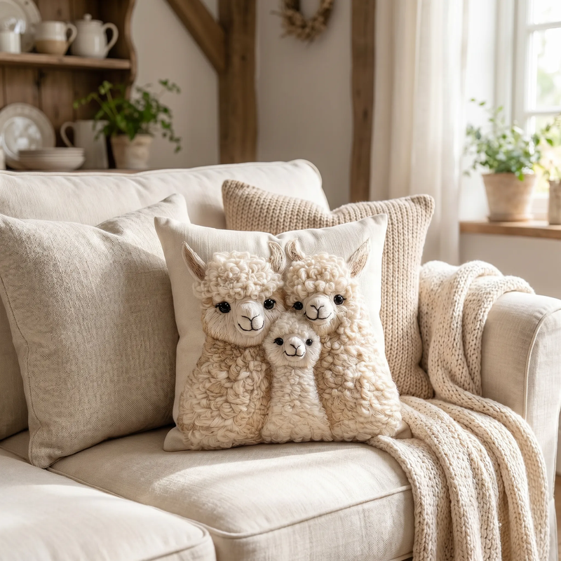 Alpaca Trio cushion styled on a linen sofa