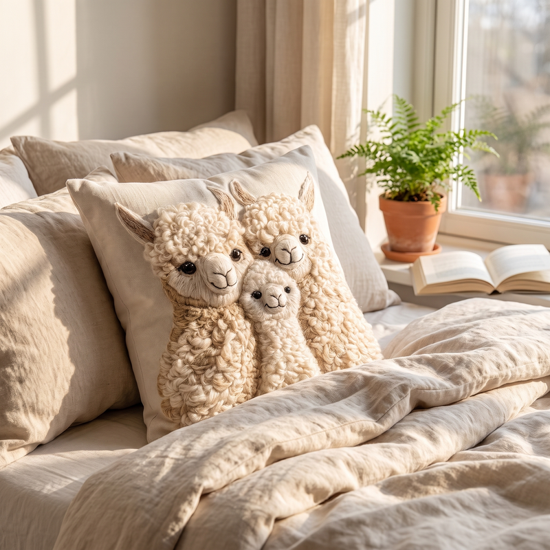 Alpaca Trio cushion on a linen bed by a sunny window