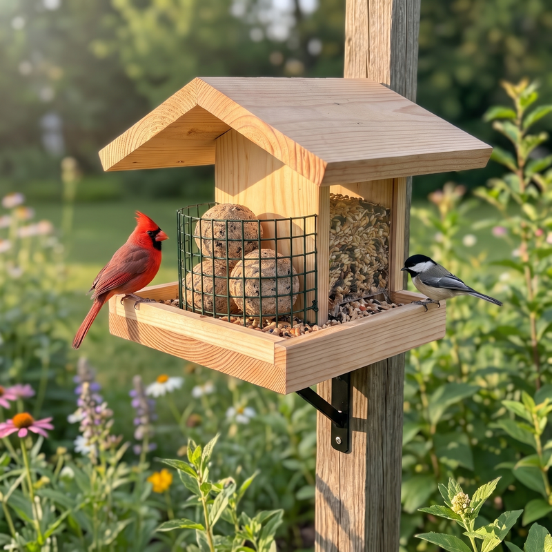 In the garden with a cardinal and a chickadee feeding