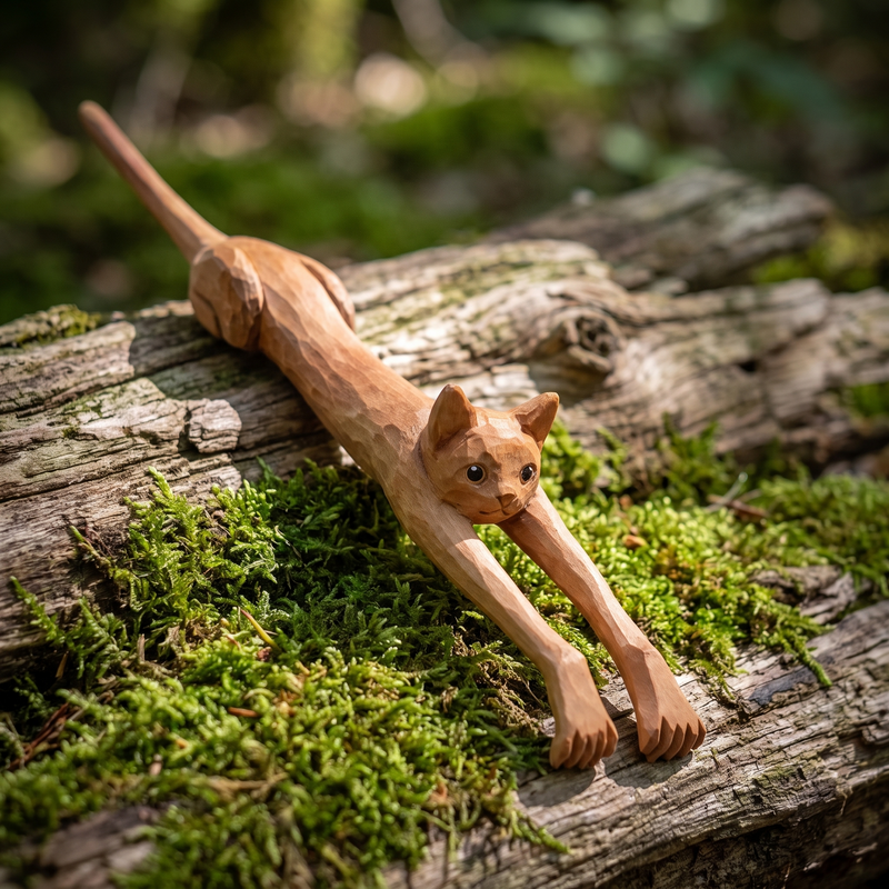 Hand-carved wooden cat back scratcher resting on green moss and weathered wood
