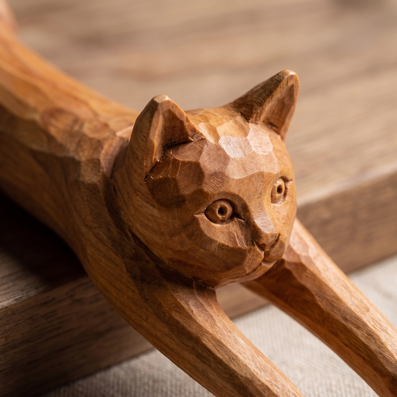 Close-up of the carved cat head with knife facets and warm wood grain