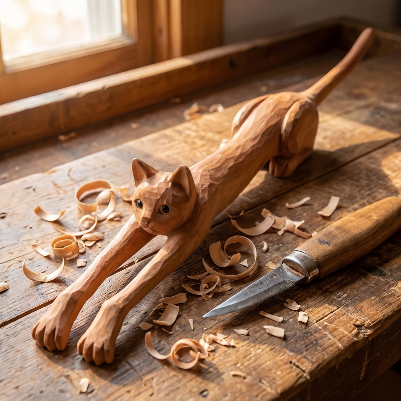 The carved cat scratcher on a workbench among wood shavings with a carving knife