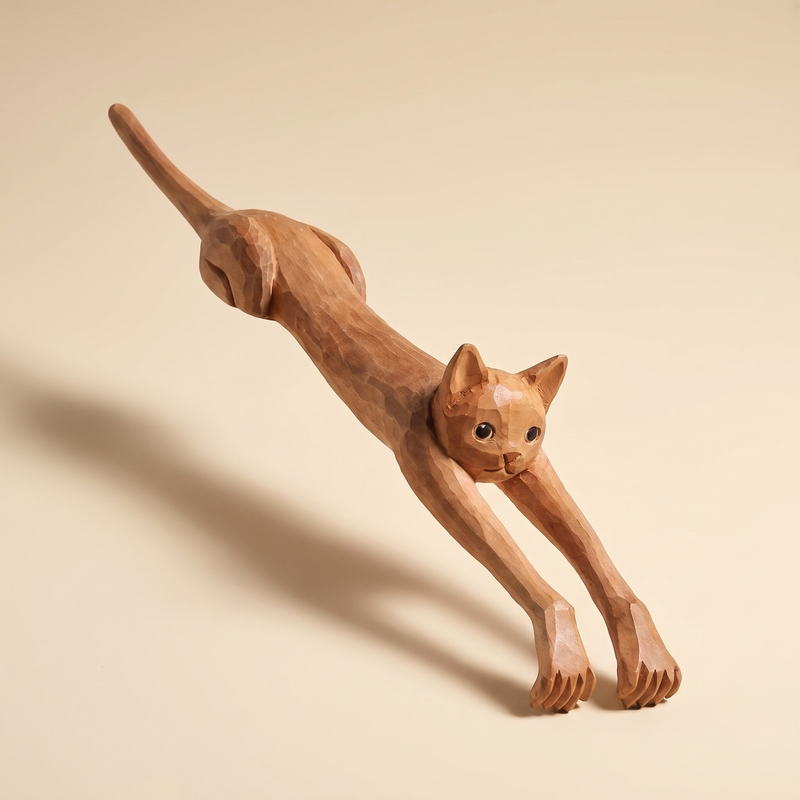 Full silhouette of the hand-carved stretching-cat back scratcher on a cream studio background