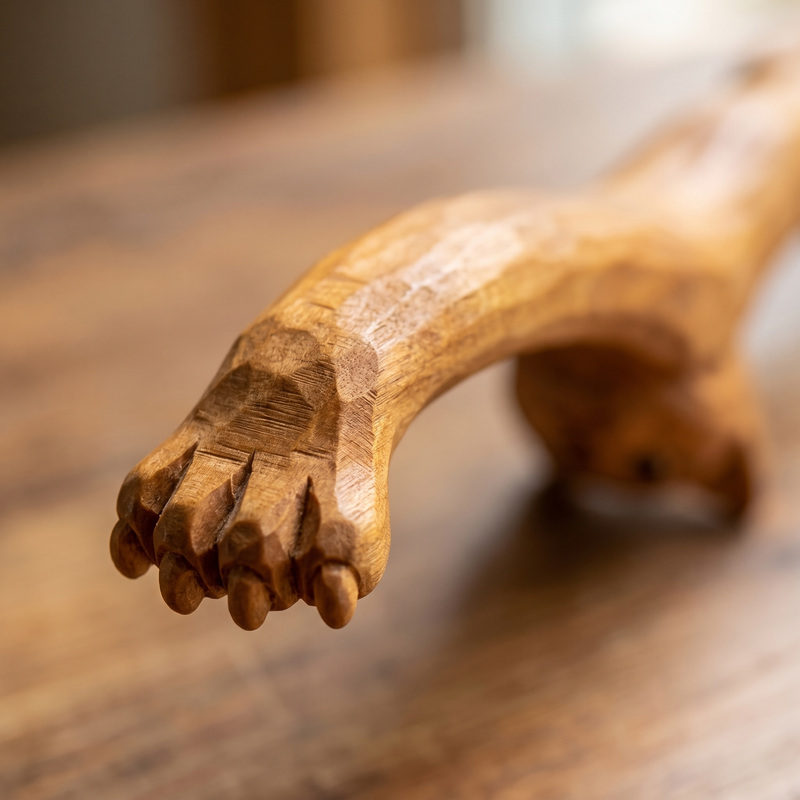 Macro of the reaching cat paw with hand-rounded wooden claws, the scratching end
